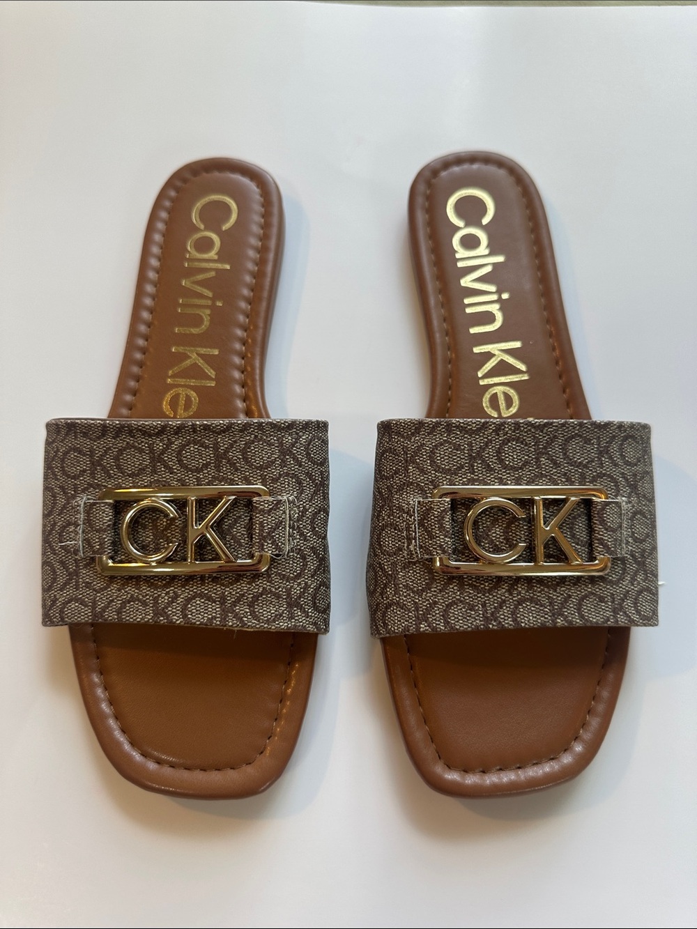 Calvin Klein Brown Monogram Slide Sandals with Gold CK Hardware size 8.5